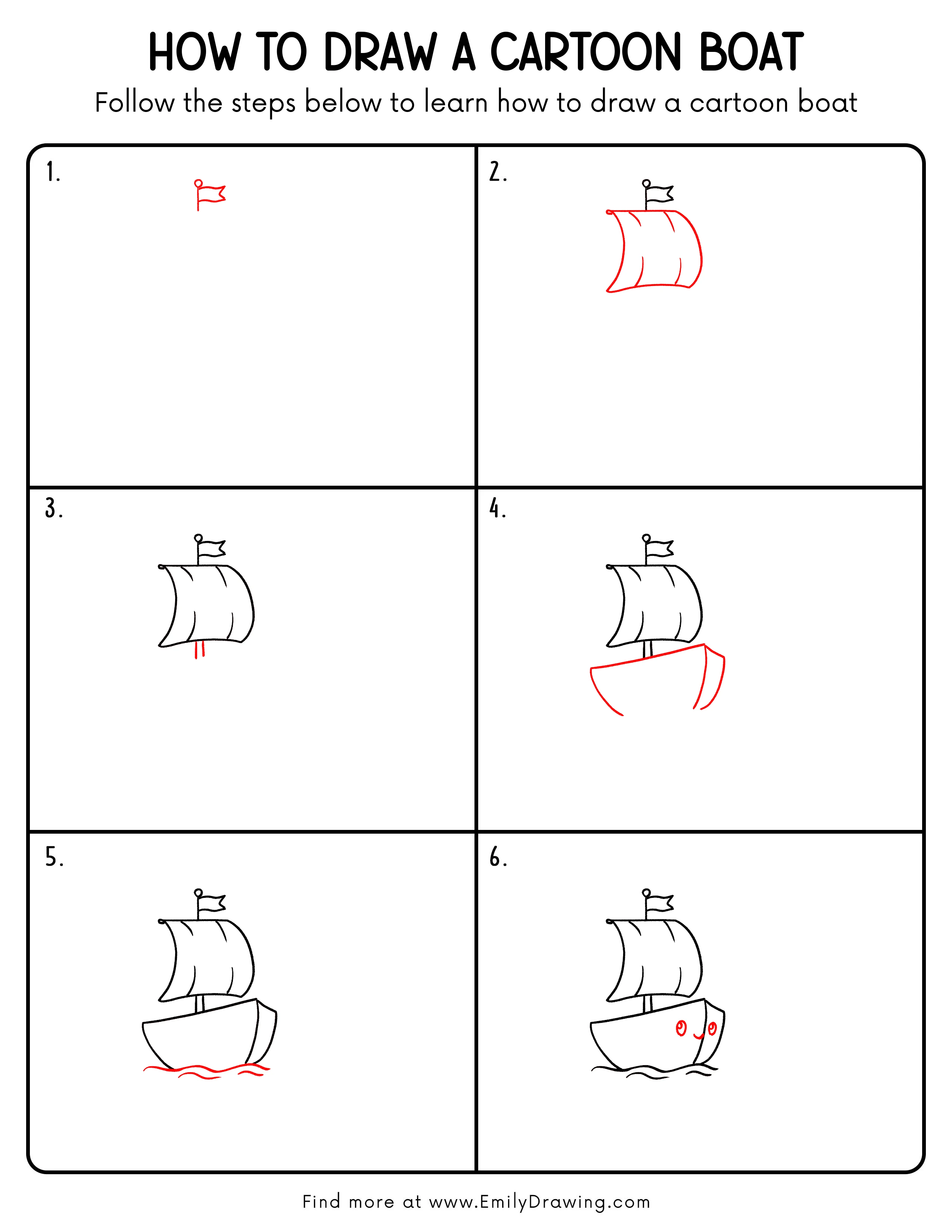 Printable Cartoon Boat Drawing Guide
